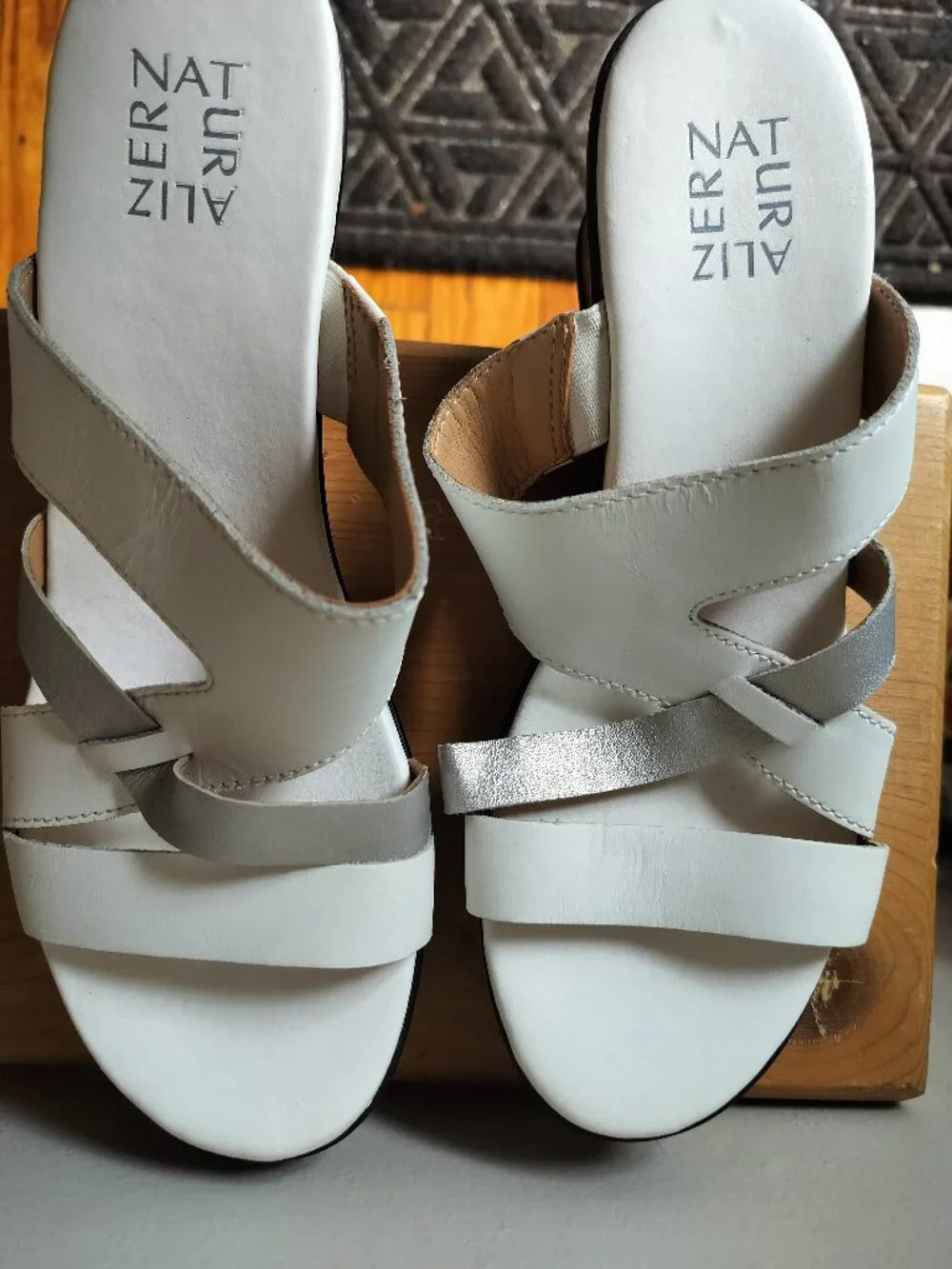 Naturalizer White/Silver Leather Strappy Wedges